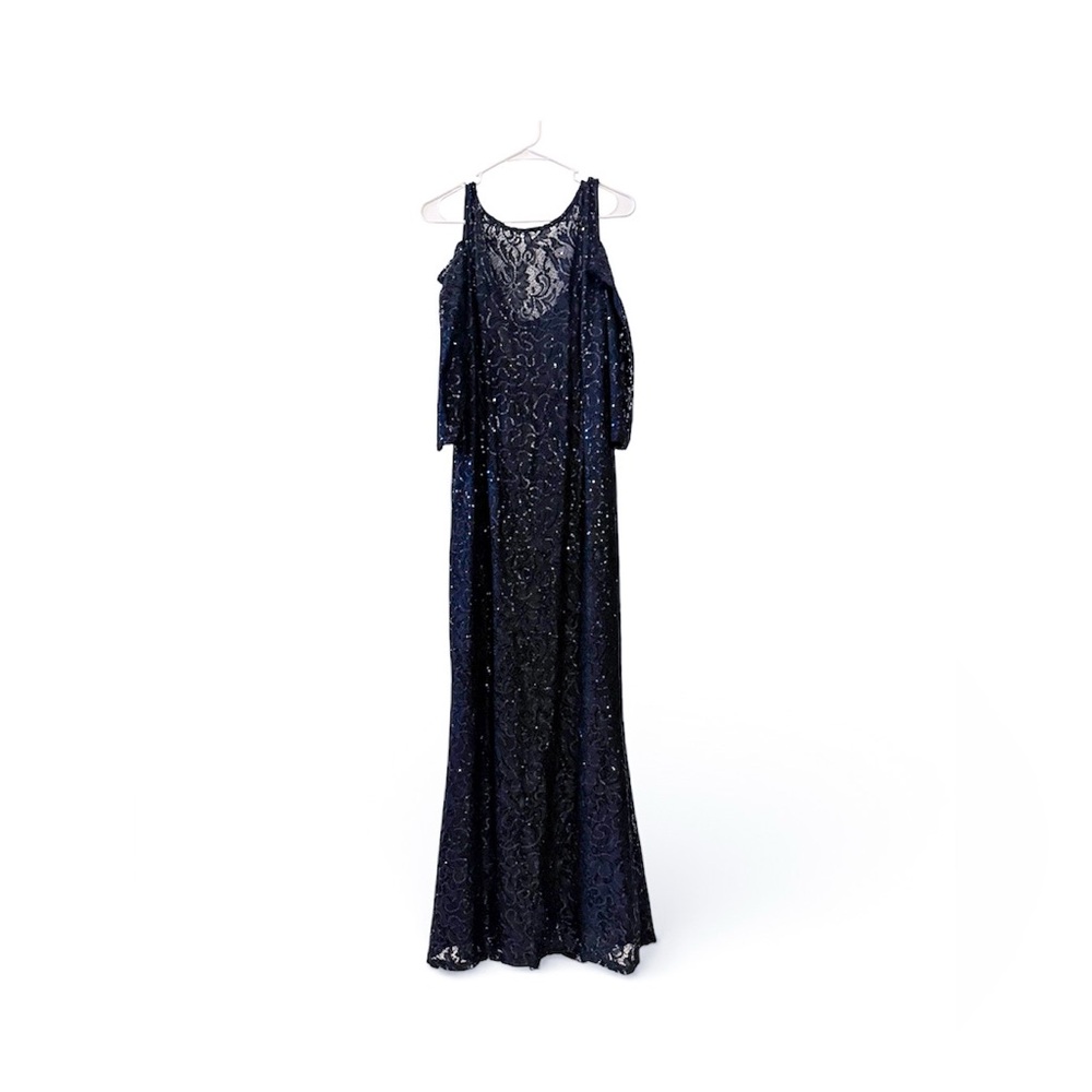 Y2K Glam Hollywood Core Black Sequin Cold Shoulder Evening Gown 6‎